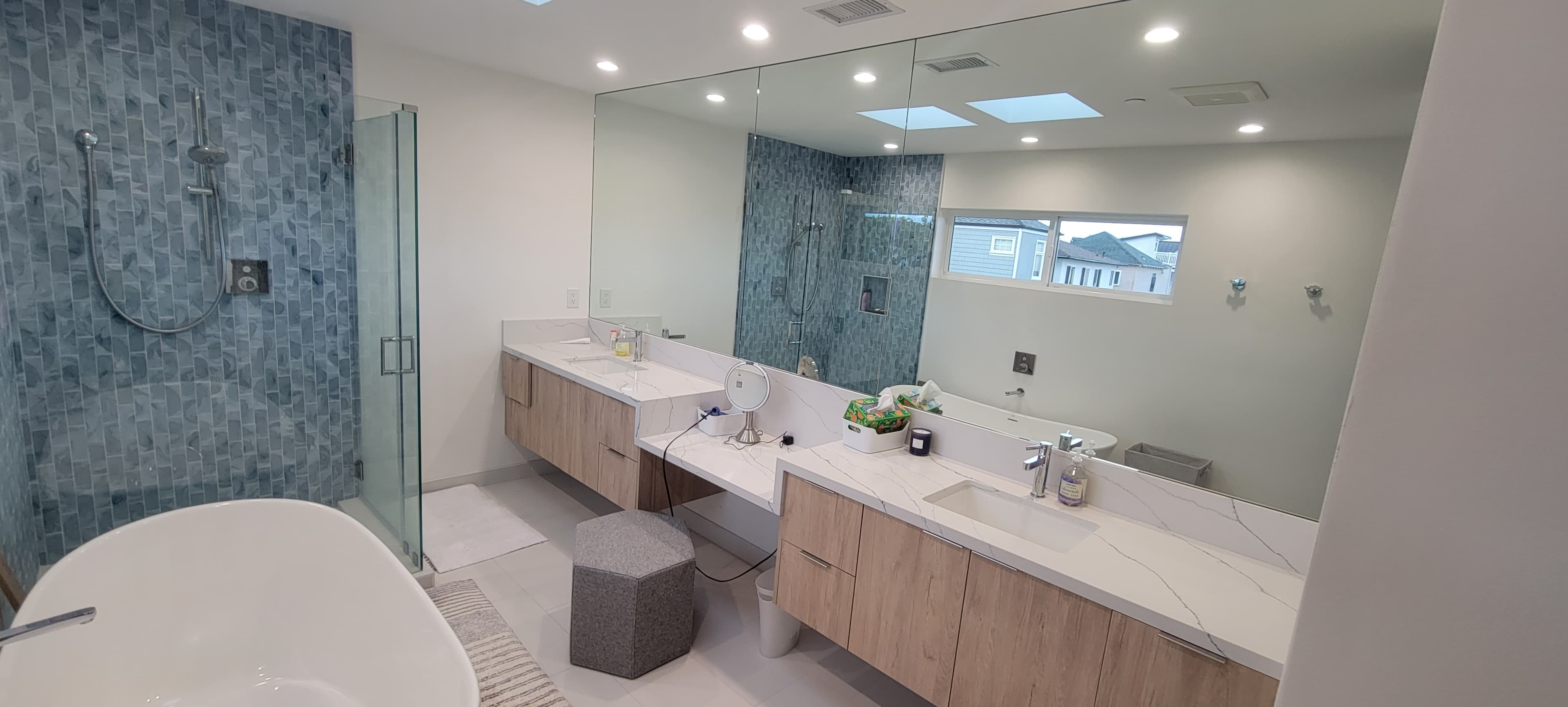 Master bathroom remodel with double vanity and mosaic tile shower – Anaheim, CA